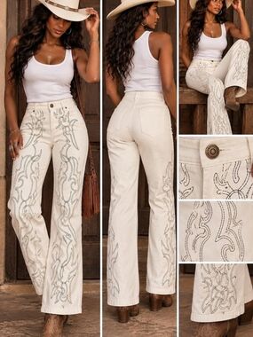 Spoon Jeans Embroidered Wide Leg Jeans in Cream Size Large